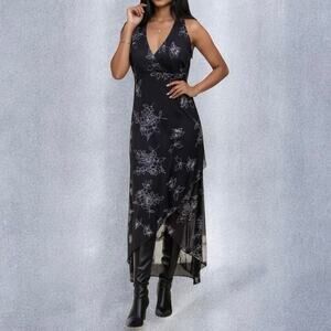 Vintage 90s Y2K Candy Rocket Glitter Floral Fairy Halter Neck High Low Dress L